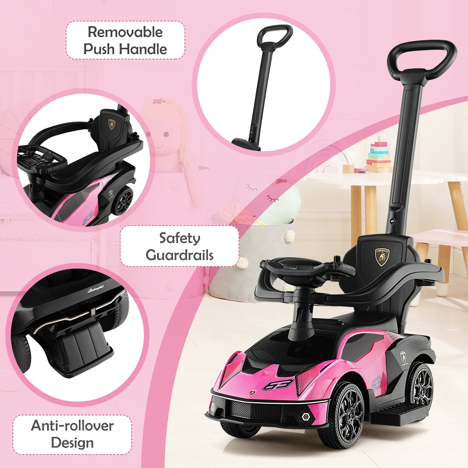 3-In-1 Lamborghini Ride On Push Car, Pink Push & Pedal Ride On Toys at Gallery Canada
