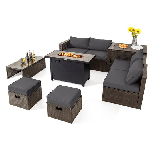 9 Piece Patio Furniture Set, 42 Inch Propane Fire Pit Table, Gray Patio Conversation Sets Gray at Gallery Canada