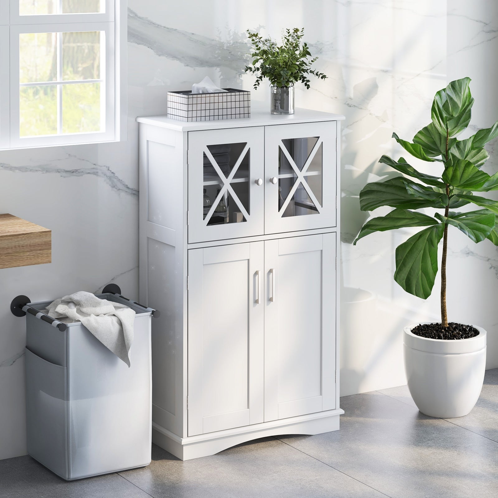 4 Door Freestanding Bathroom Cabinet, Adjustable Shelves, White Floor Cabinets at Gallery Canada