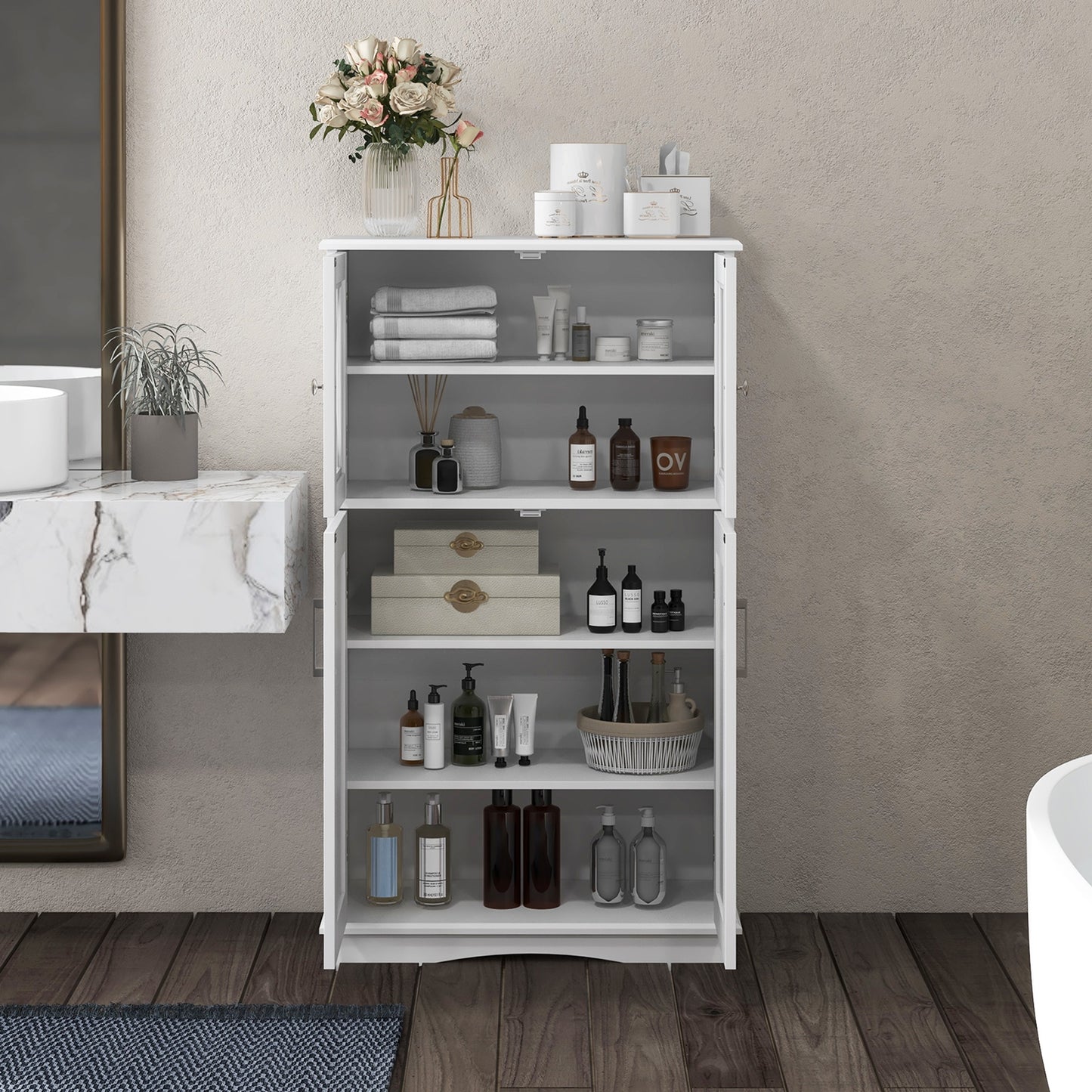 4 Door Freestanding Bathroom Cabinet, Adjustable Shelves, White Floor Cabinets at Gallery Canada