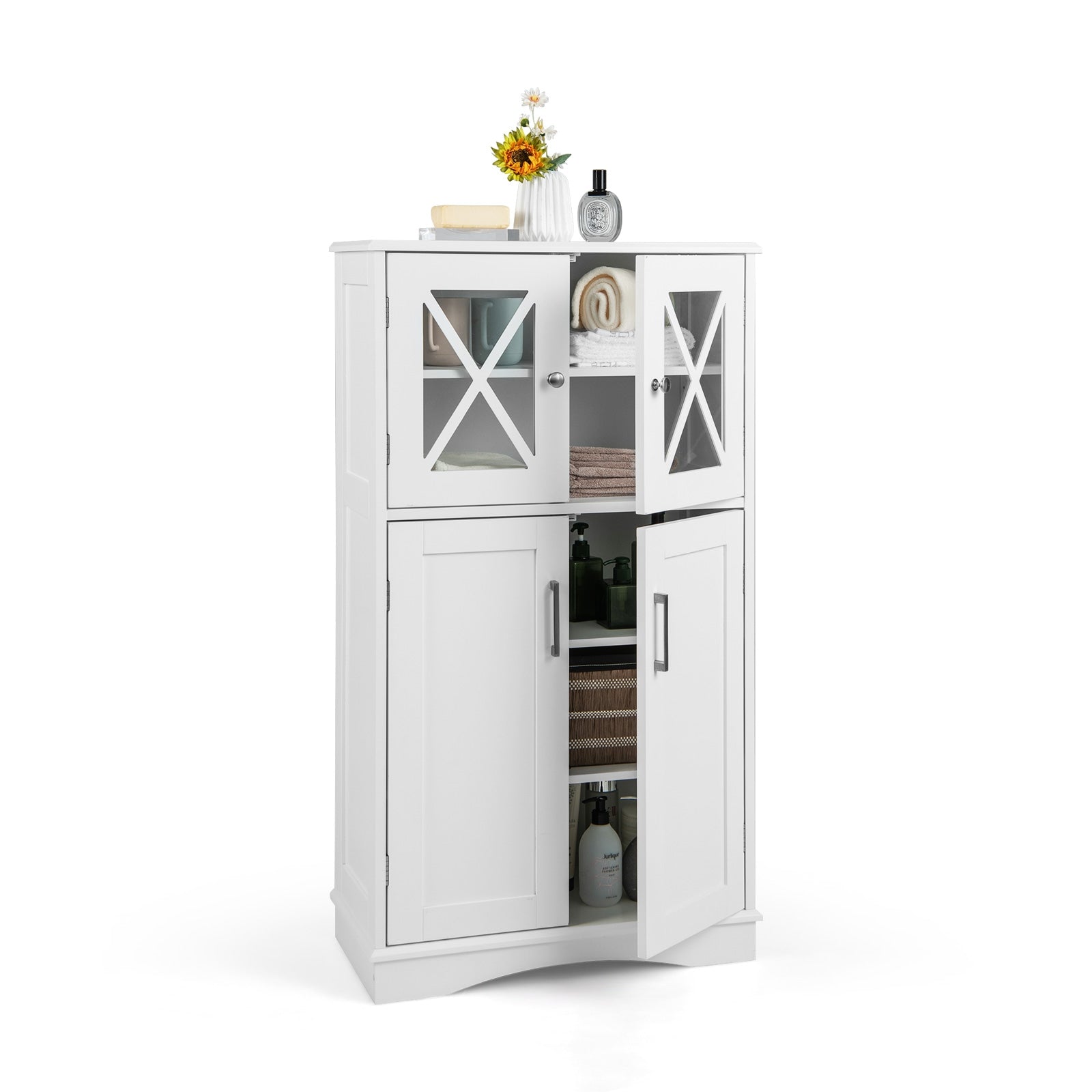 4 Door Freestanding Bathroom Cabinet, Adjustable Shelves, White Floor Cabinets White at Gallery Canada