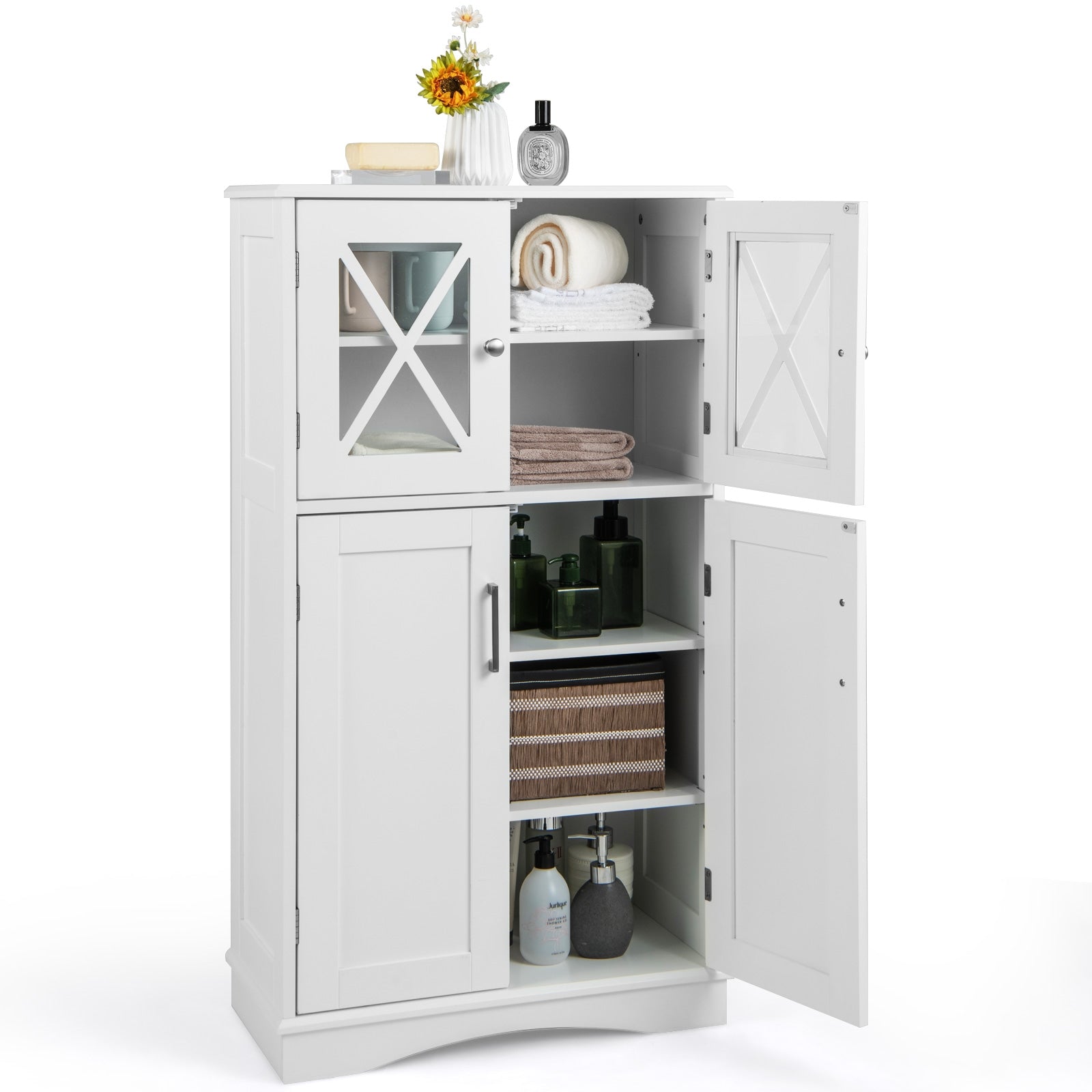 4 Door Freestanding Bathroom Cabinet, Adjustable Shelves, White Floor Cabinets at Gallery Canada
