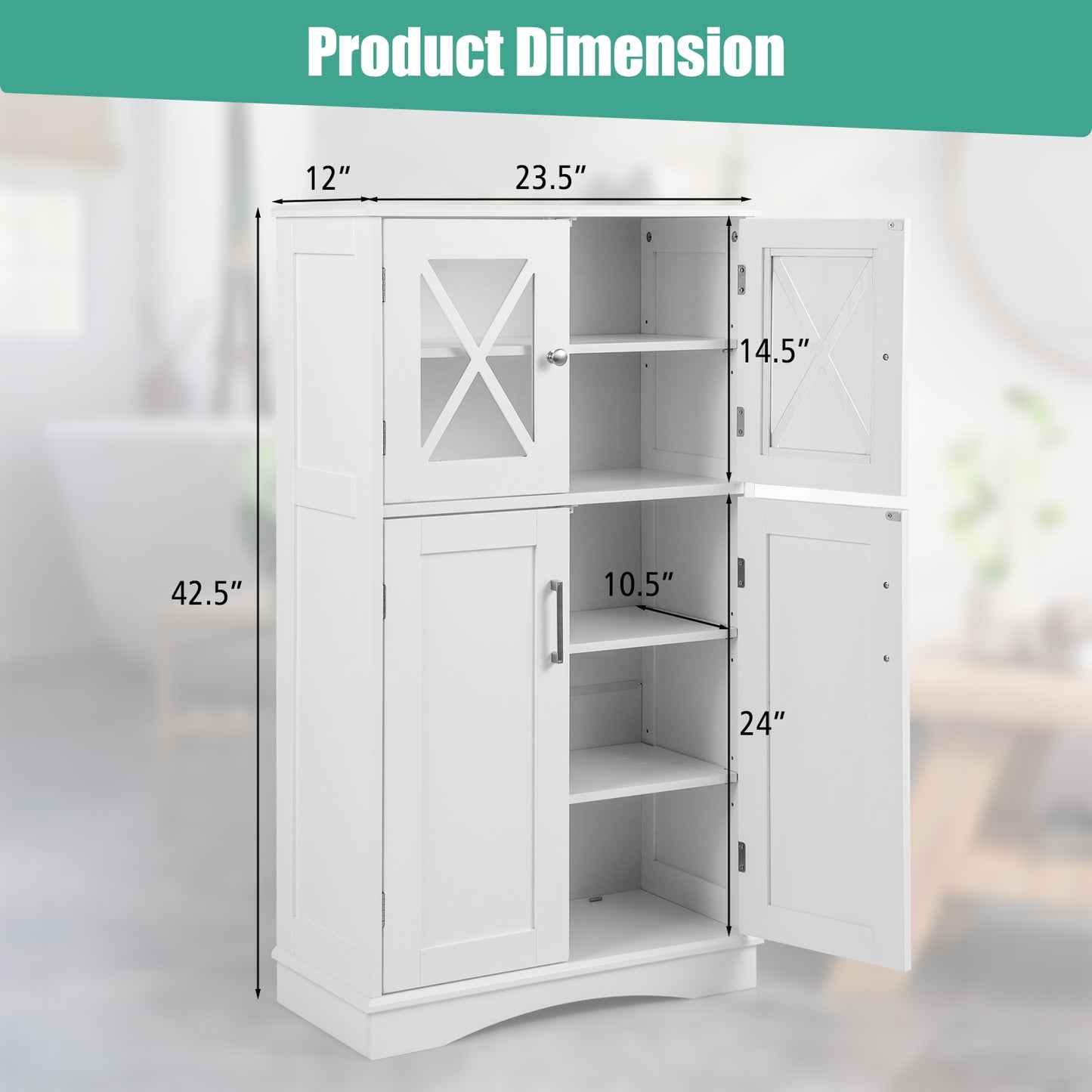 4 Door Freestanding Bathroom Cabinet, Adjustable Shelves, White Floor Cabinets at Gallery Canada