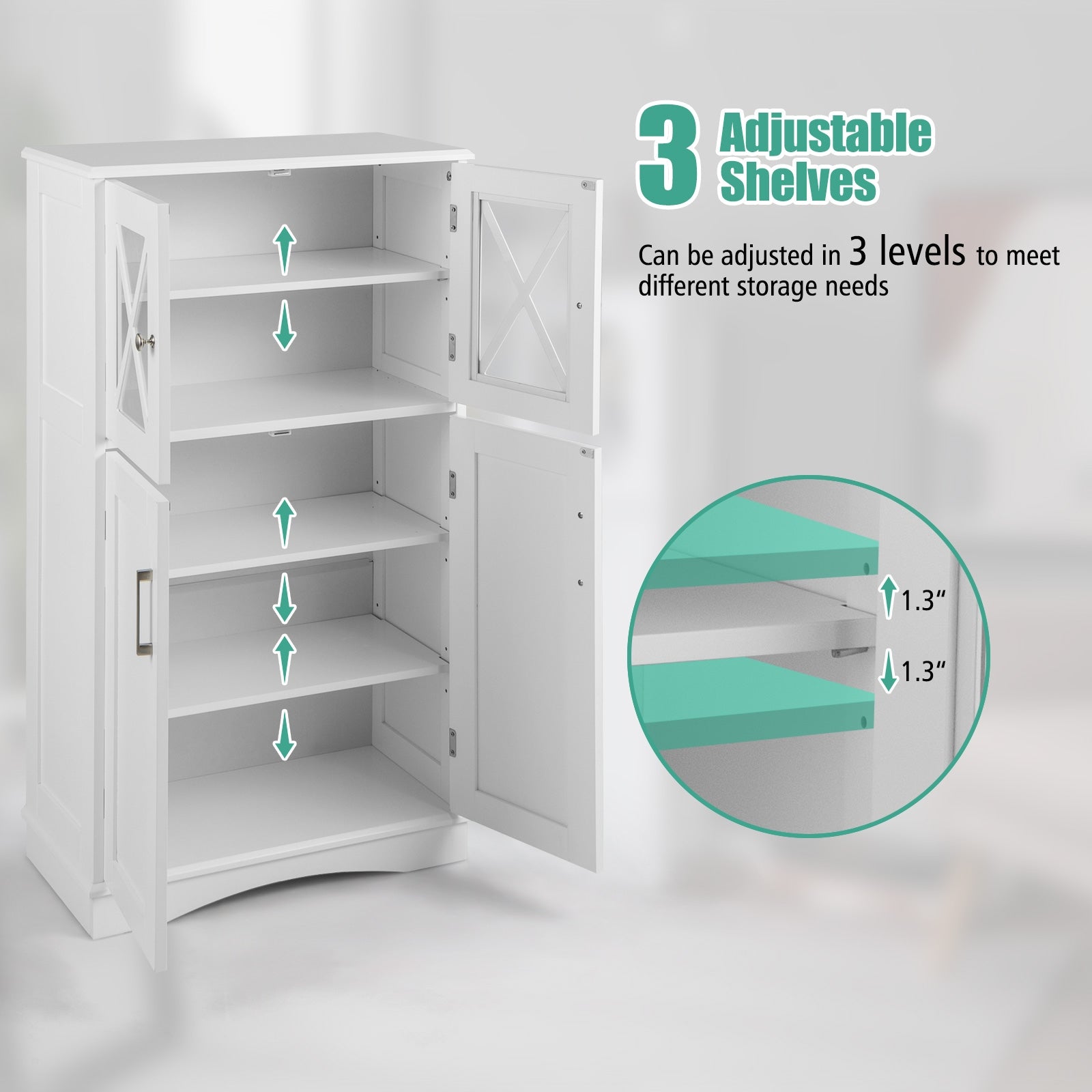 4 Door Freestanding Bathroom Cabinet, Adjustable Shelves, White Floor Cabinets at Gallery Canada