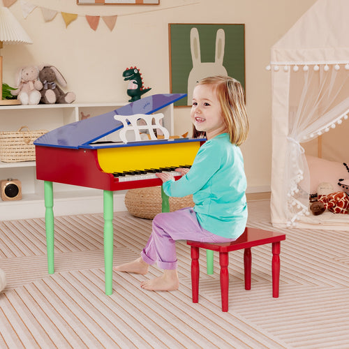 30-Key Wood Kids Grand Piano With Bench, Music Rack, Multicolor