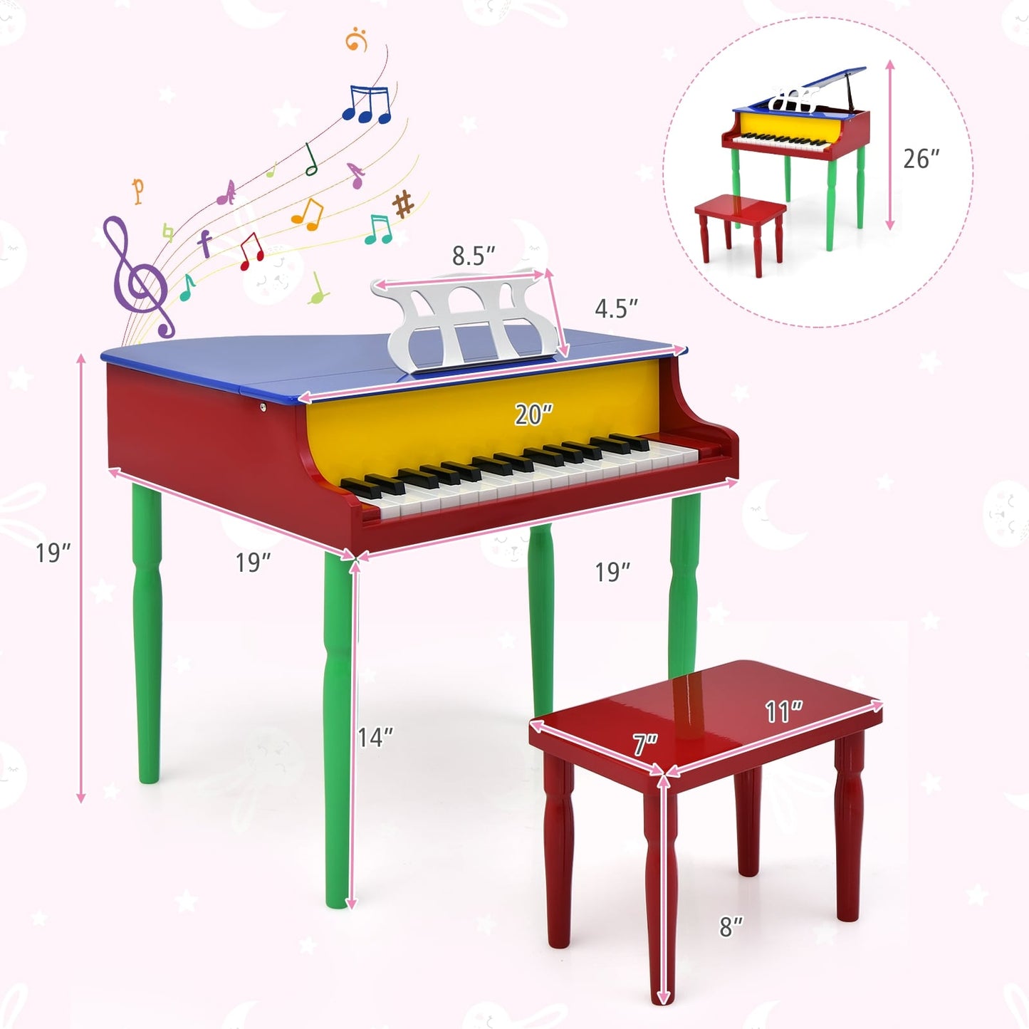 30-Key Wood Kids Grand Piano With Bench, Music Rack, Multicolor Pianos & Keyboards at Gallery Canada