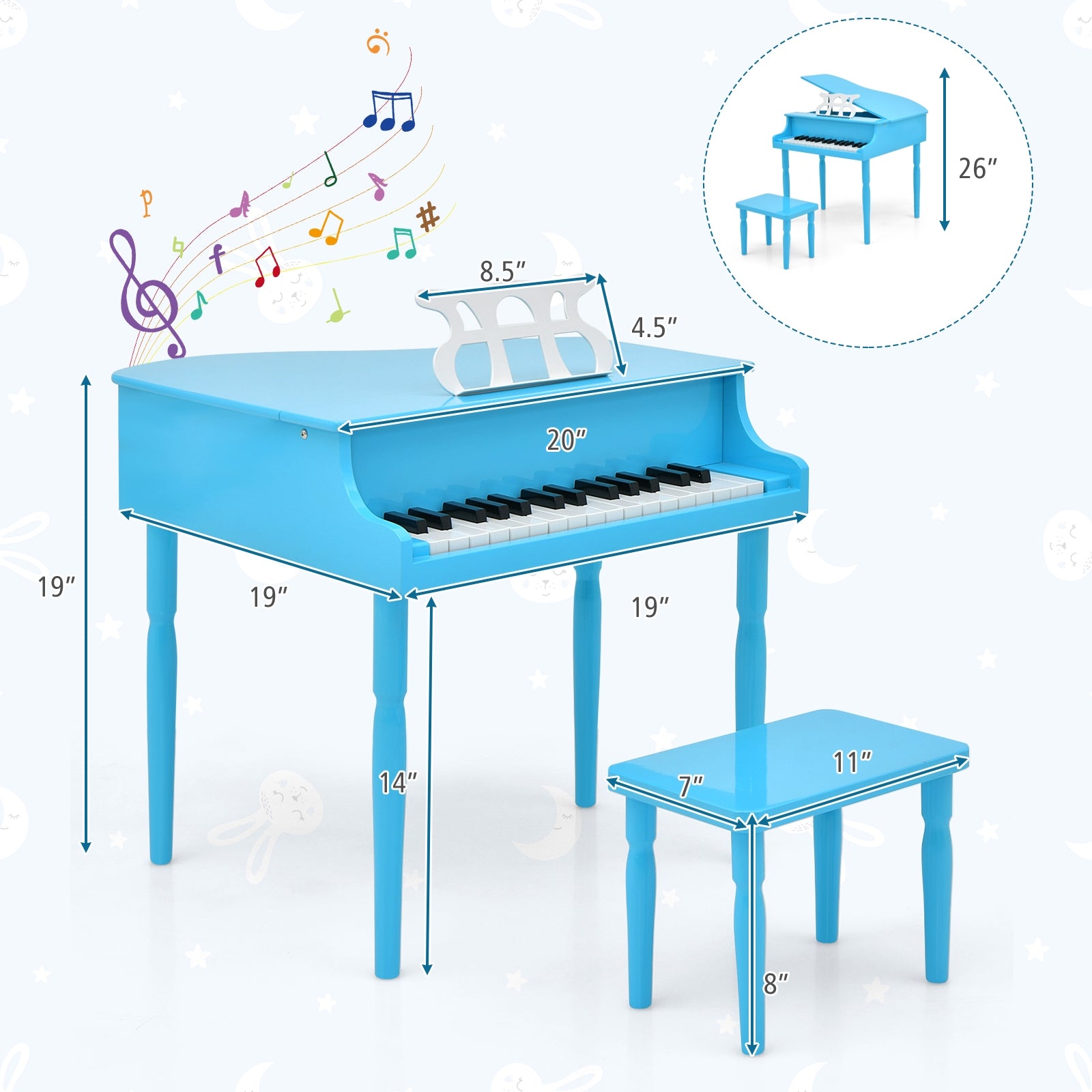 30-Key Wood Toy Kids Grand Piano With Bench, Music Rack, Blue Pianos & Keyboards at Gallery Canada