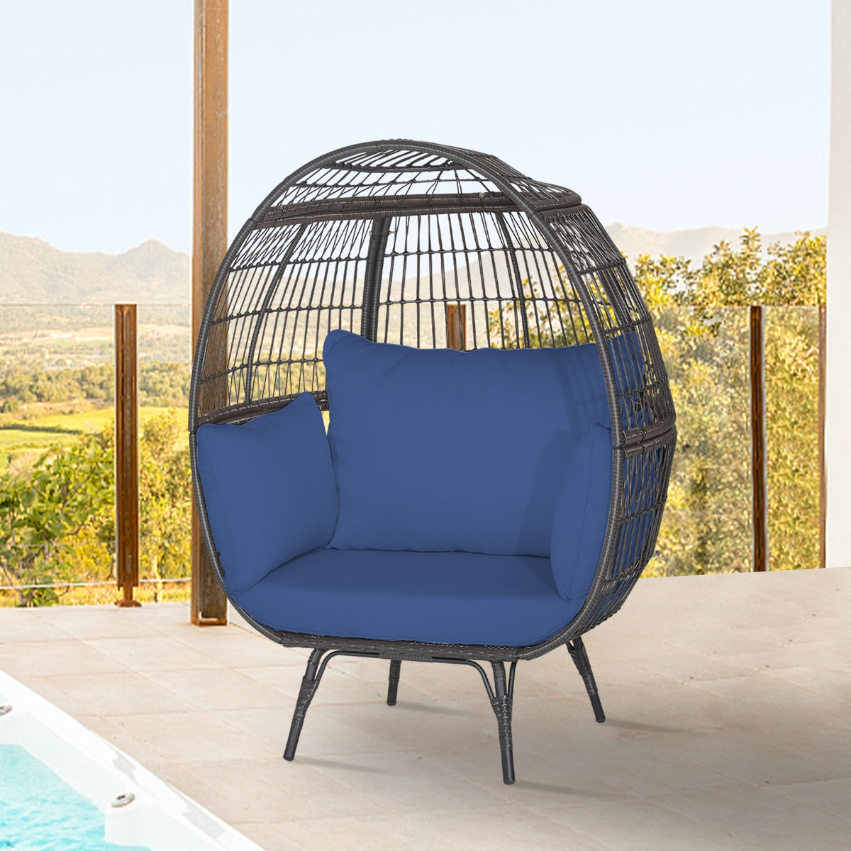 Oversized Patio Rattan Egg Lounge Chair, 4 Cushions, Navy Outdoor Chaise Lounges at Gallery Canada