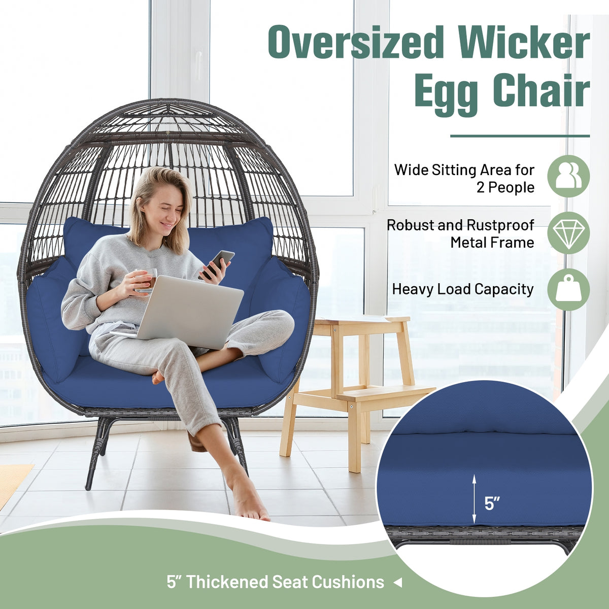 Oversized Patio Rattan Egg Lounge Chair, 4 Cushions, Navy Outdoor Chaise Lounges at Gallery Canada