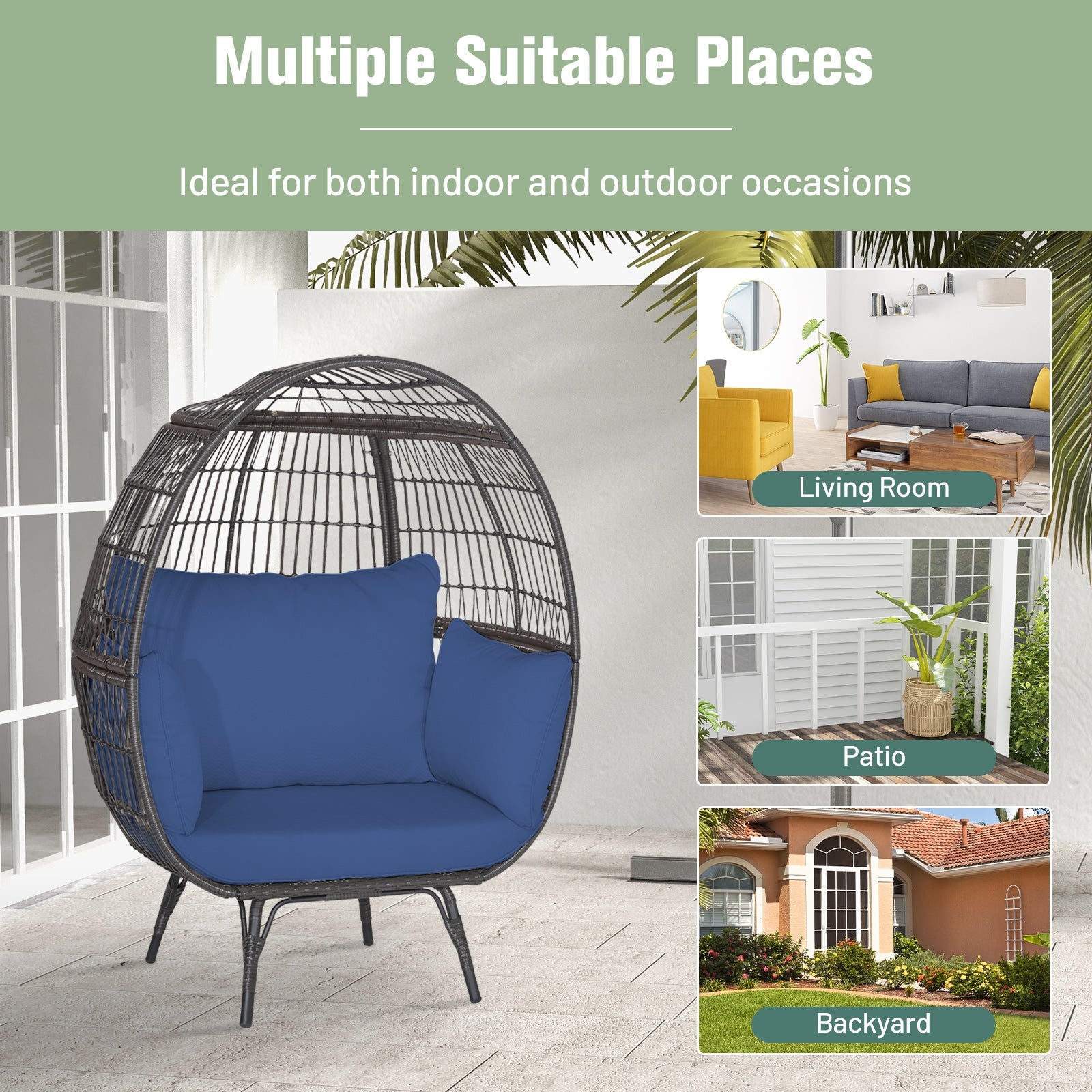 Oversized Patio Rattan Egg Lounge Chair, 4 Cushions, Navy Outdoor Chaise Lounges at Gallery Canada