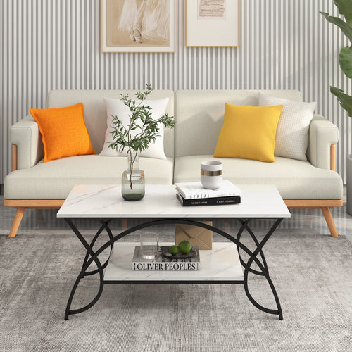 2-Tier Faux Marble Coffee Table, Metal Frame, Black & White