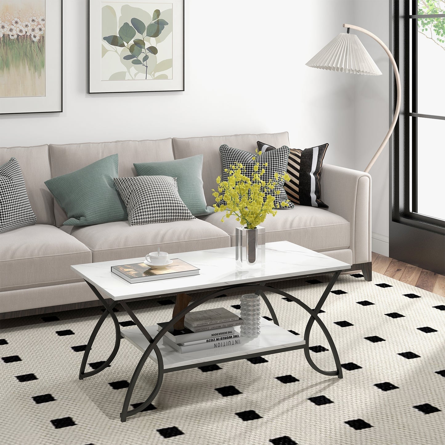2-Tier Faux Marble Coffee Table, Metal Frame, Black & White Coffee Tables at Gallery Canada