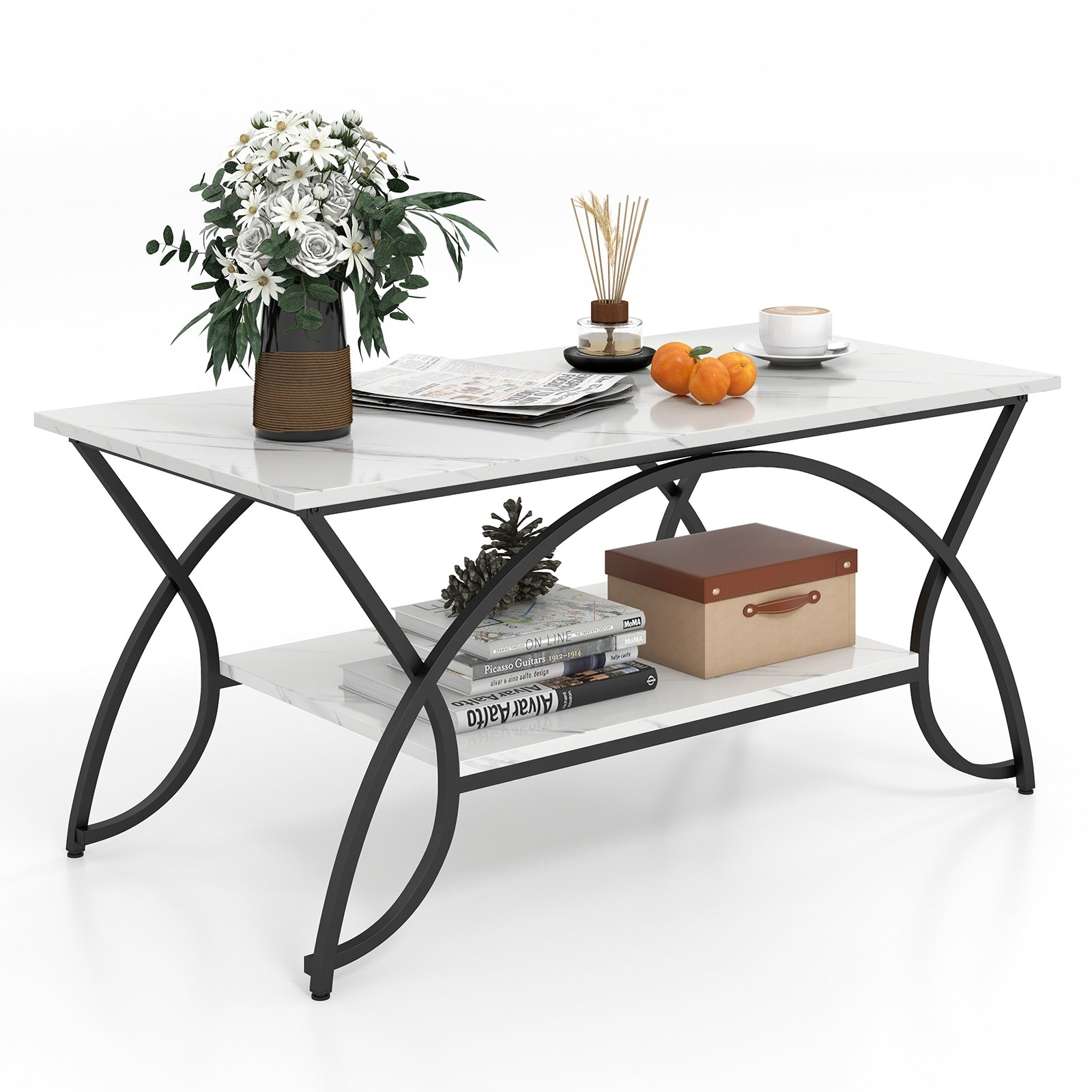 2-Tier Faux Marble Coffee Table, Metal Frame, Black & White Coffee Tables at Gallery Canada