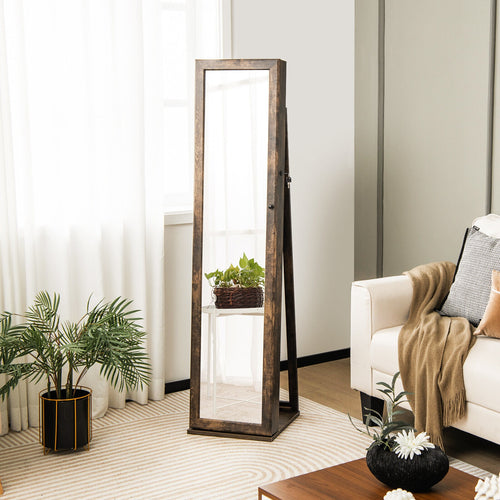 Lockable Jewelry Storage Organizer With Full-Length Mirror, Brown