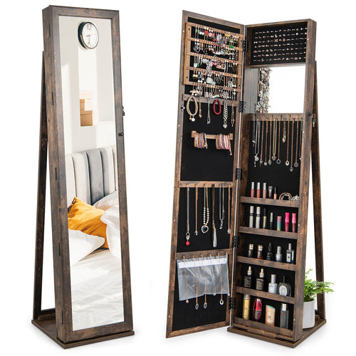 Lockable Jewelry Storage Organizer With Full-Length Mirror, Brown