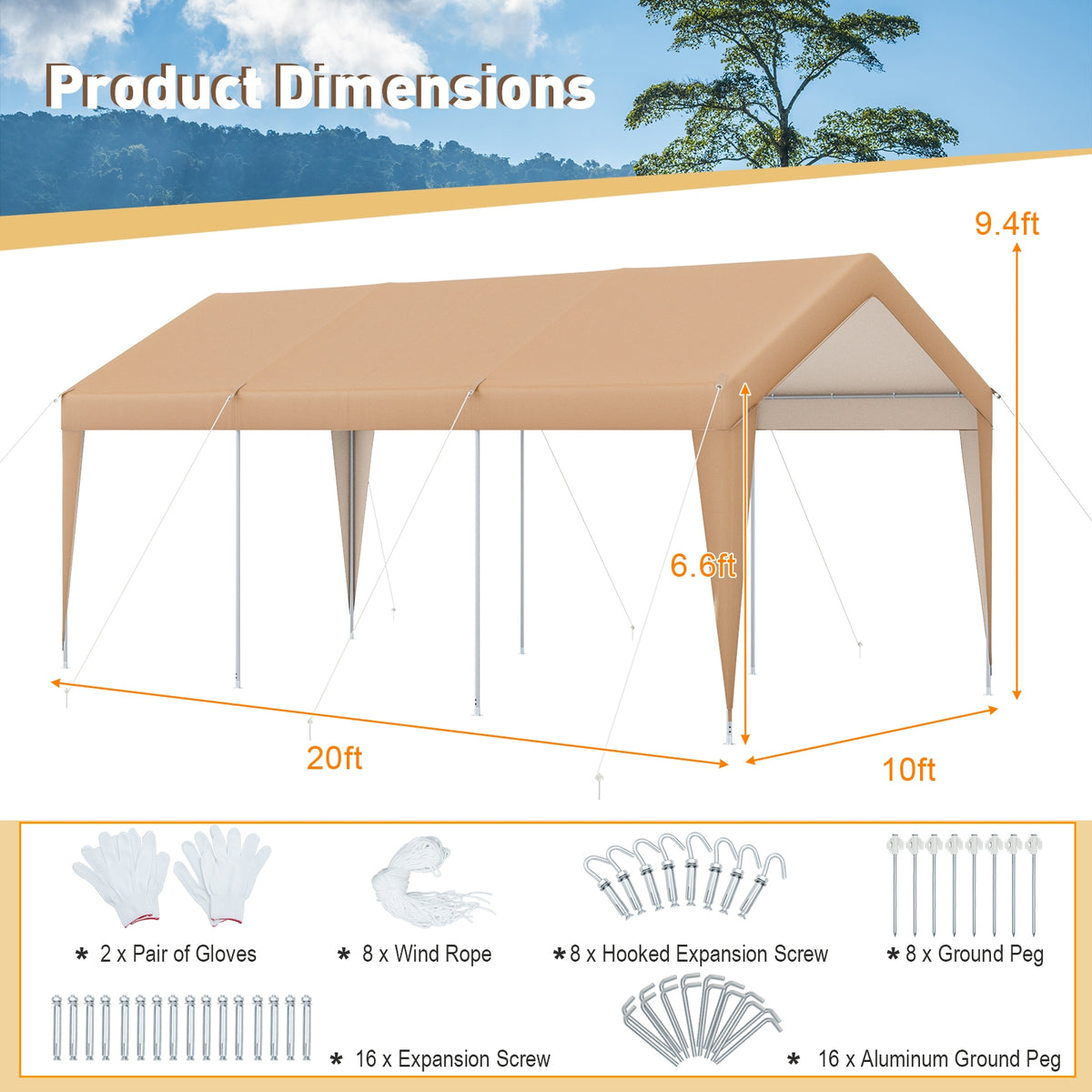 10x20 Feet Heavy Duty All-Weather Carport, No Sidewall, Yellow Gazebos at Gallery Canada