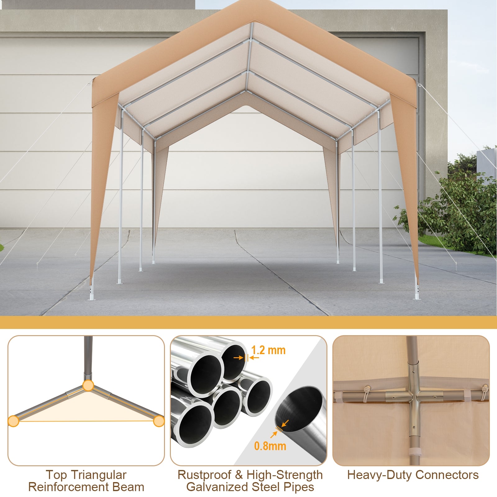 10x20 Feet Heavy Duty All-Weather Carport, No Sidewall, Yellow Gazebos at Gallery Canada
