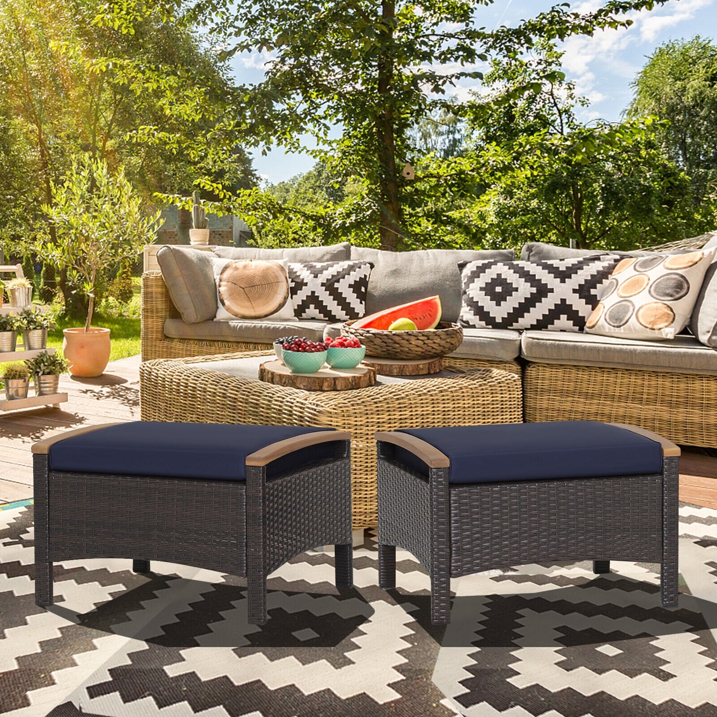 Set Of 2 Fade-Resistant Wicker Patio Ottoman, Navy Outdoor Seating & Patio Chairs at Gallery Canada