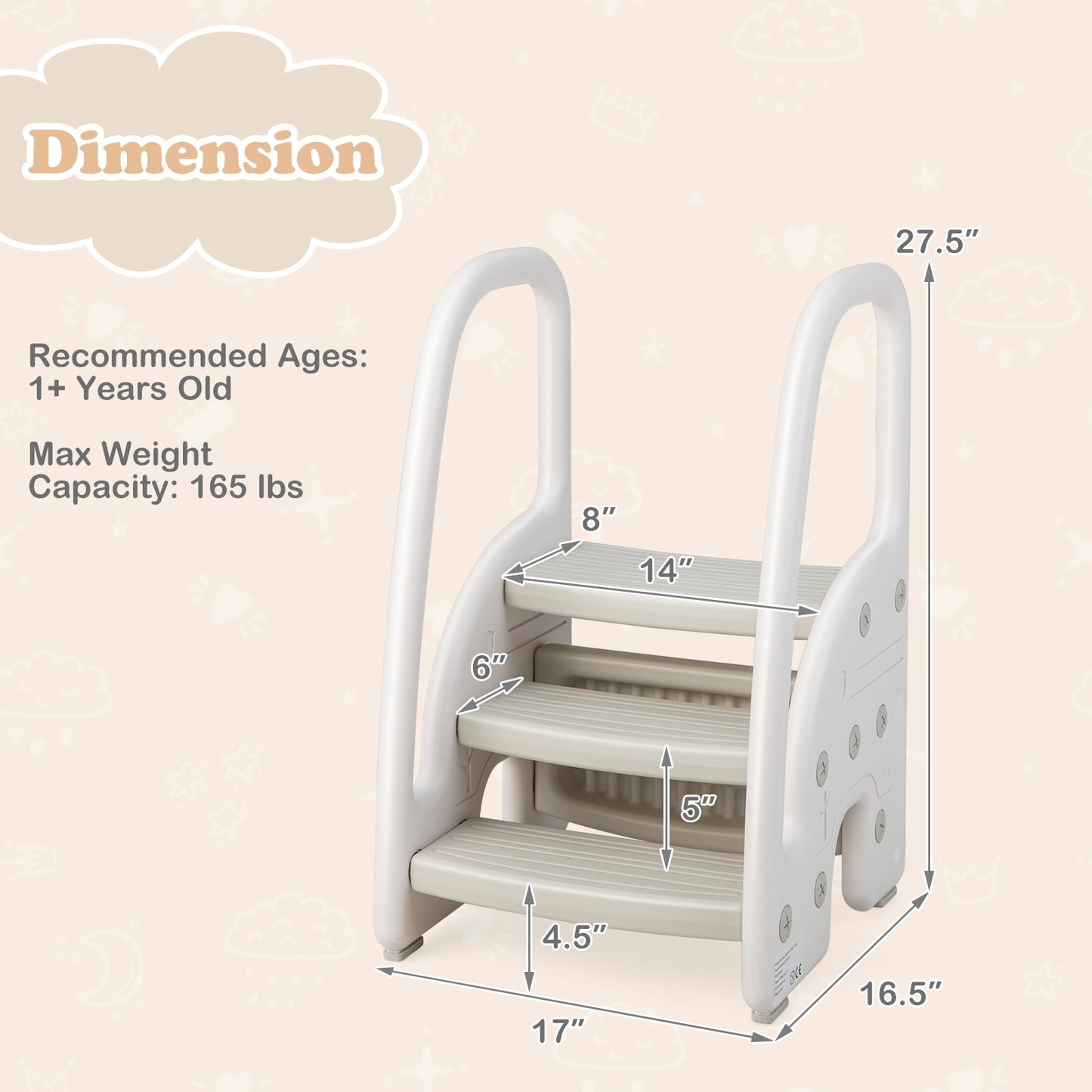 3-Step Toddler Stool, Safety Handles, Non-Slip Pedals, Gray Toddler & Kids Furniture at Gallery Canada