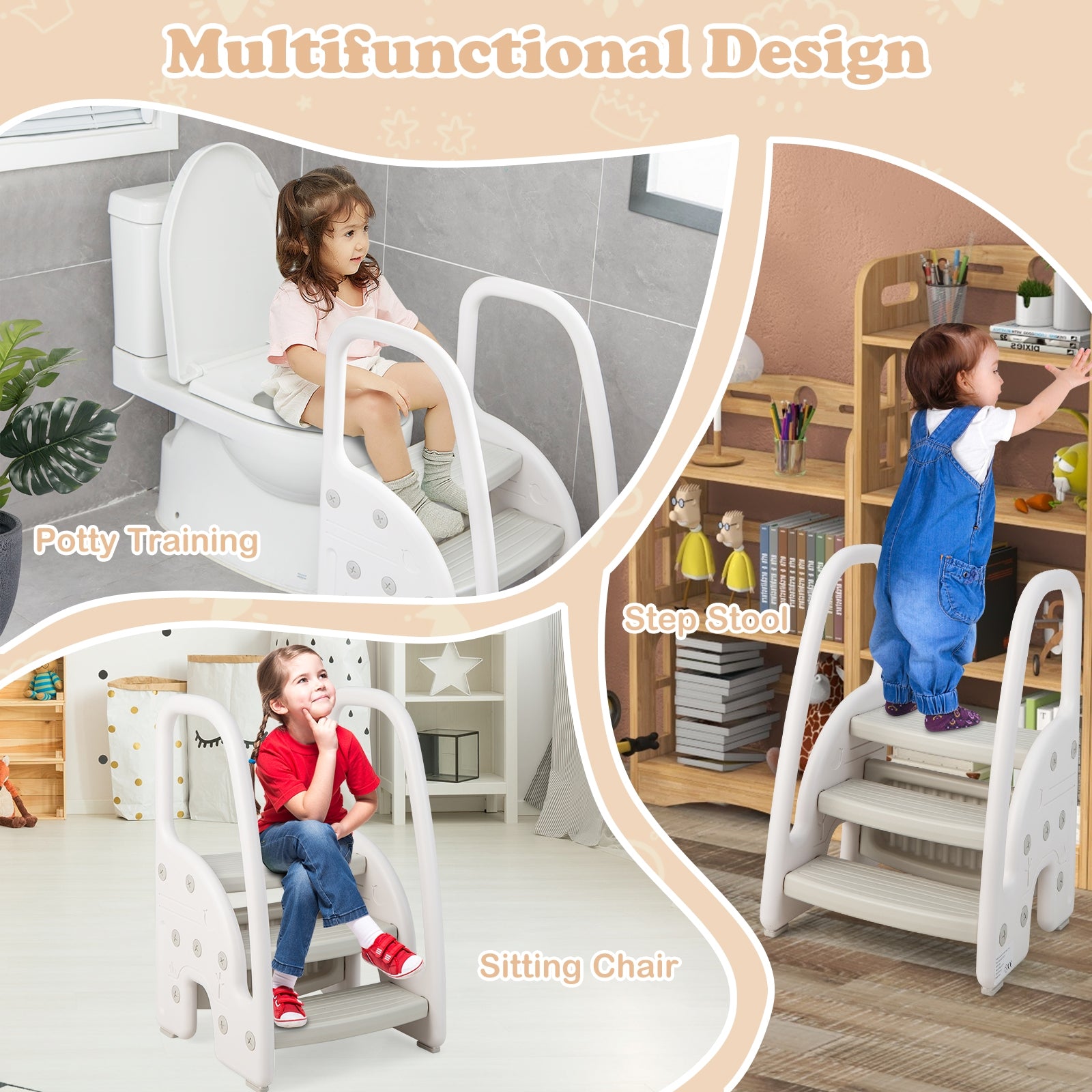 3-Step Toddler Stool, Safety Handles, Non-Slip Pedals, Gray Toddler & Kids Furniture at Gallery Canada
