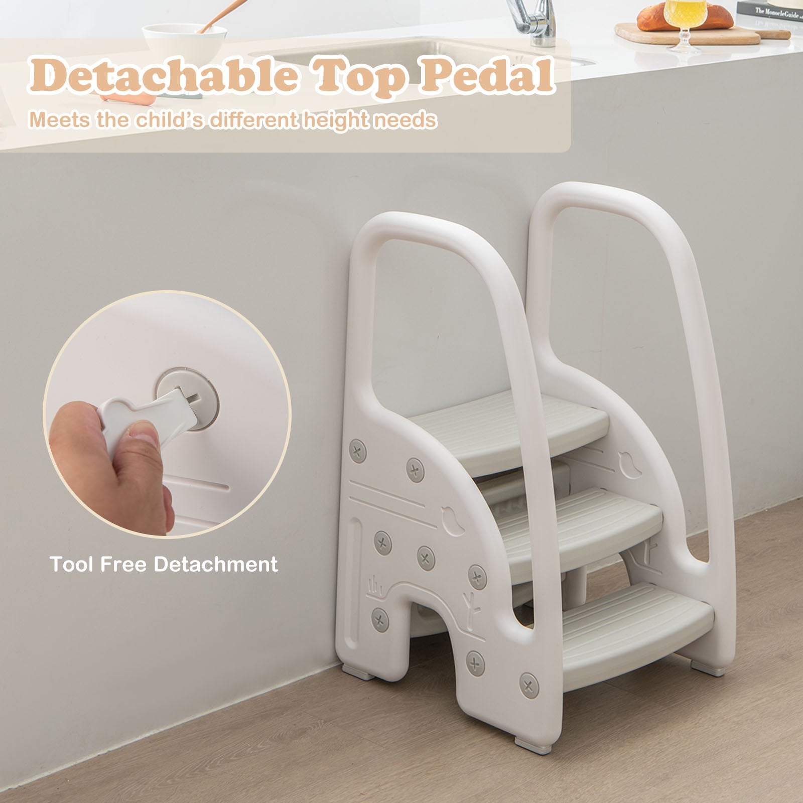 3-Step Toddler Stool, Safety Handles, Non-Slip Pedals, Gray Toddler & Kids Furniture at Gallery Canada