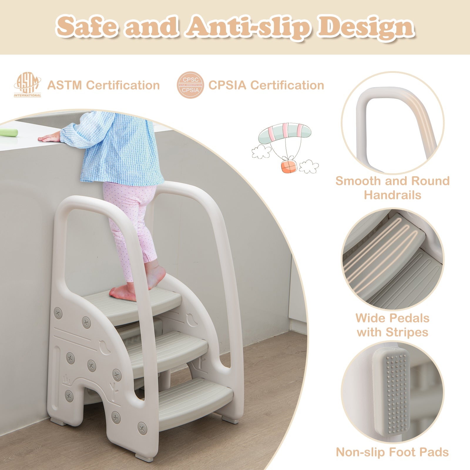 3-Step Toddler Stool, Safety Handles, Non-Slip Pedals, Gray Toddler & Kids Furniture at Gallery Canada