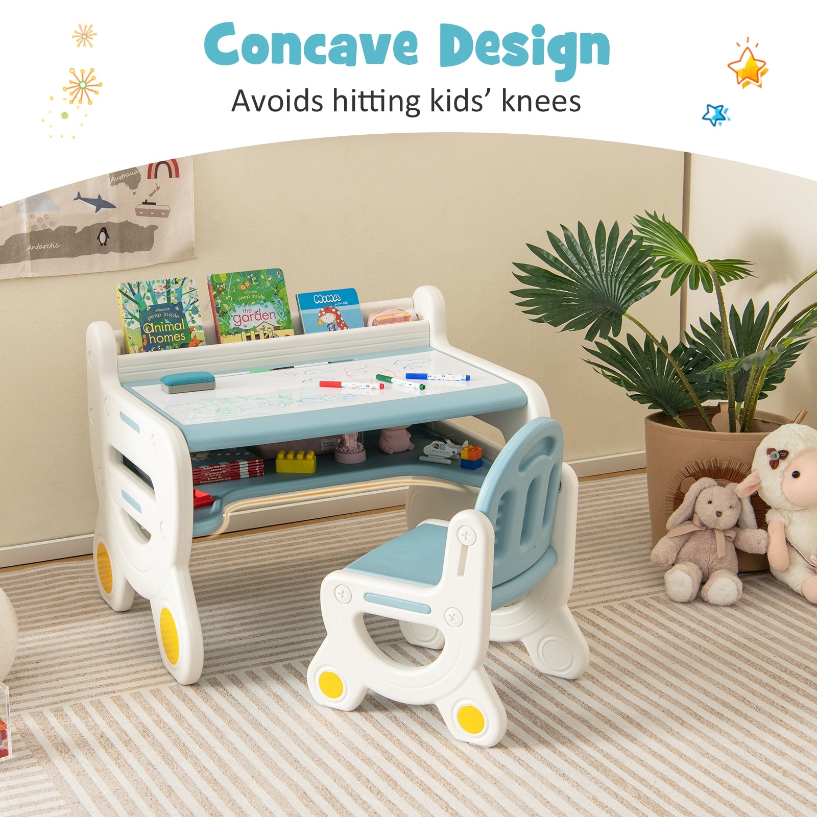 Kids Drawing Table And Chair Set, With Watercolor Pens And Eraser, Blue Kids Table & Chair Sets at Gallery Canada