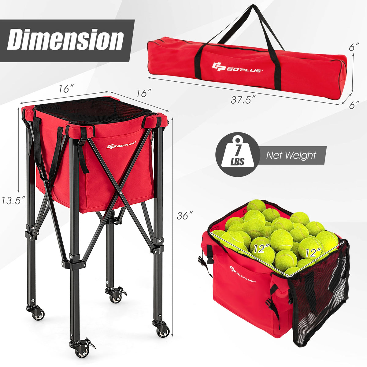 Foldable Tennis Ball Cart With Wheels, Removable Bag, Red Sport Equipments at Gallery Canada
