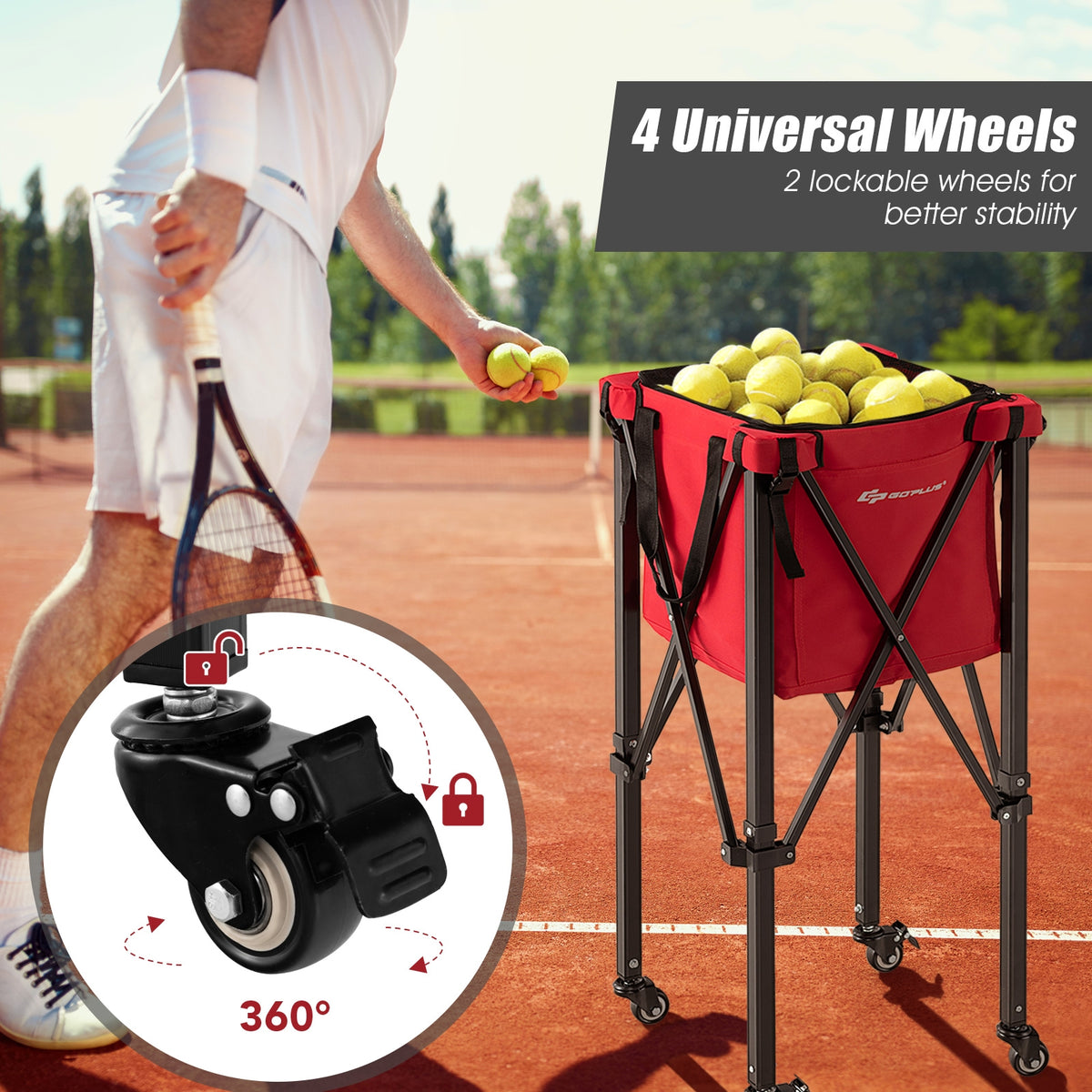 Foldable Tennis Ball Cart With Wheels, Removable Bag, Red Sport Equipments at Gallery Canada