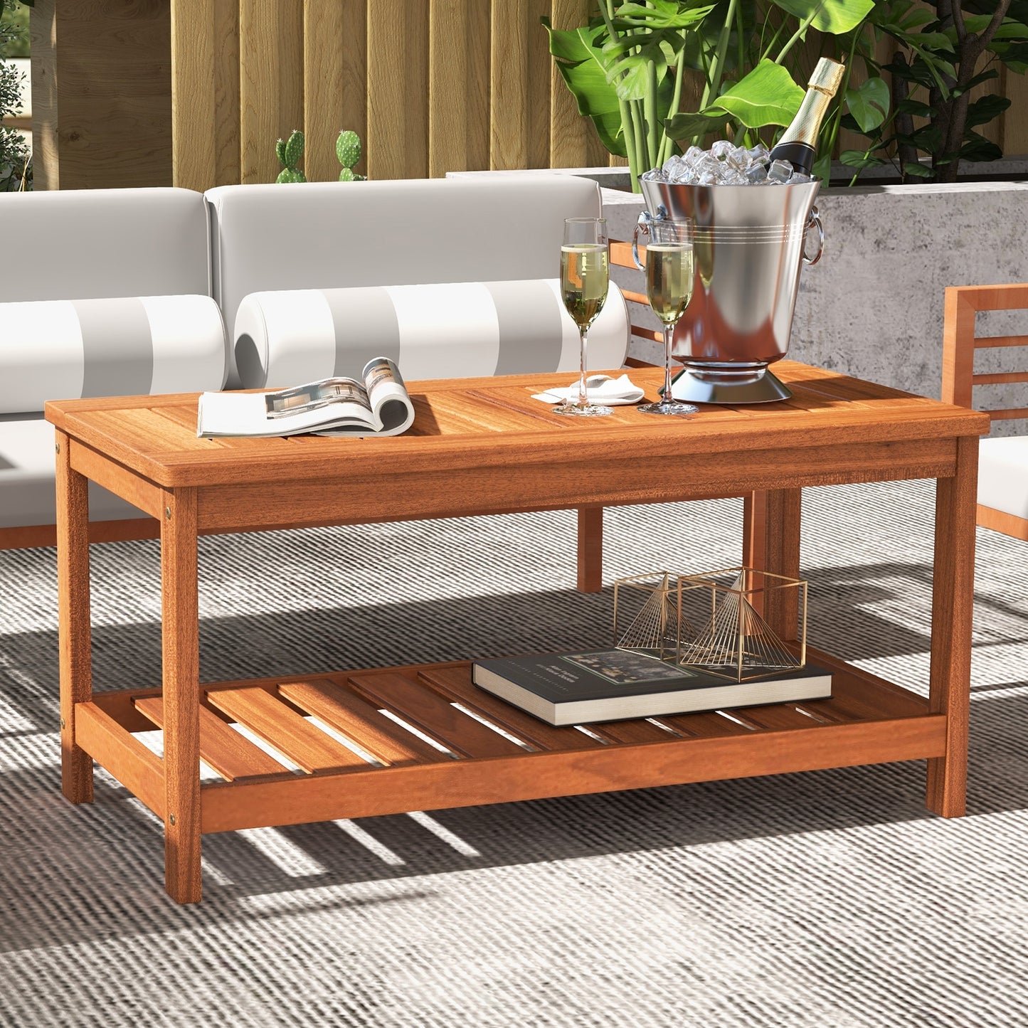 2-Tier Patio Coffee Table, Slatted Tabletop, Natural Patio Coffee Tables at Gallery Canada