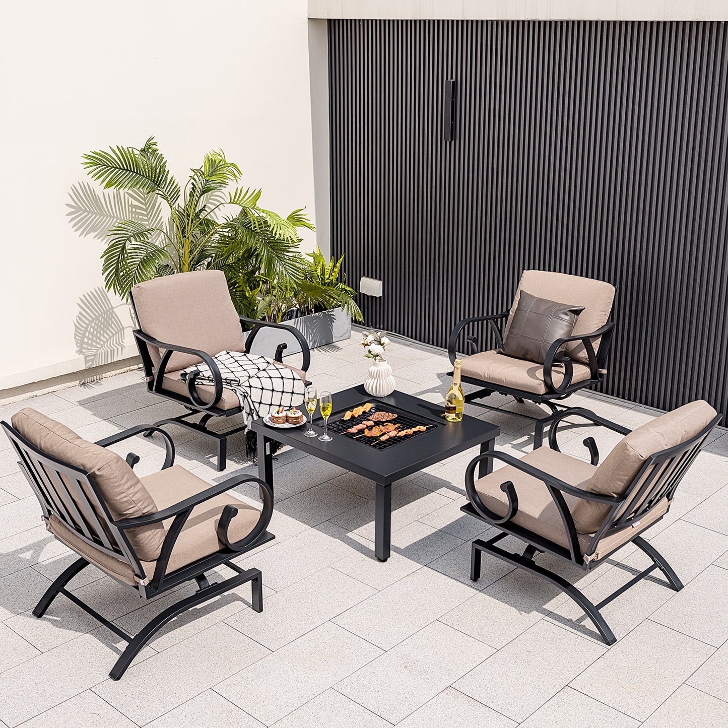 5 Piece Patio Rocking Chairs, 4-in-1 Fire Pit Table, Brown Patio Conversation Sets at Gallery Canada