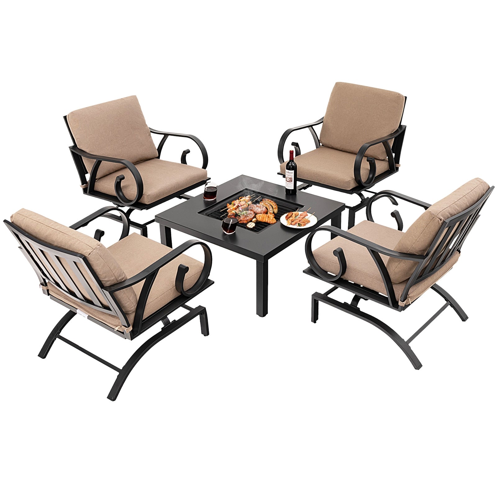 5 Piece Patio Rocking Chairs, 4-in-1 Fire Pit Table, Brown Patio Conversation Sets at Gallery Canada