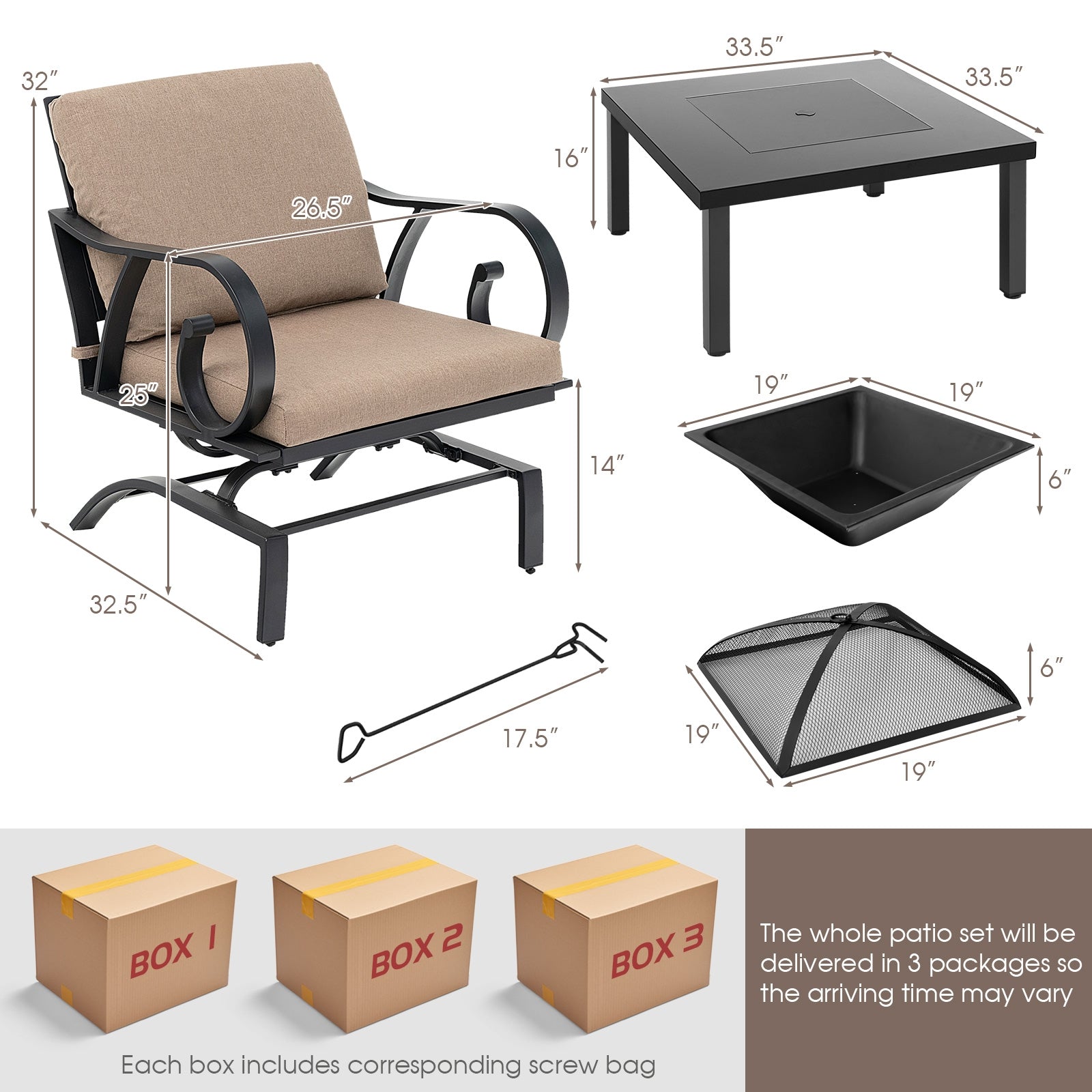 5 Piece Patio Rocking Chairs, 4-in-1 Fire Pit Table, Brown Patio Conversation Sets at Gallery Canada
