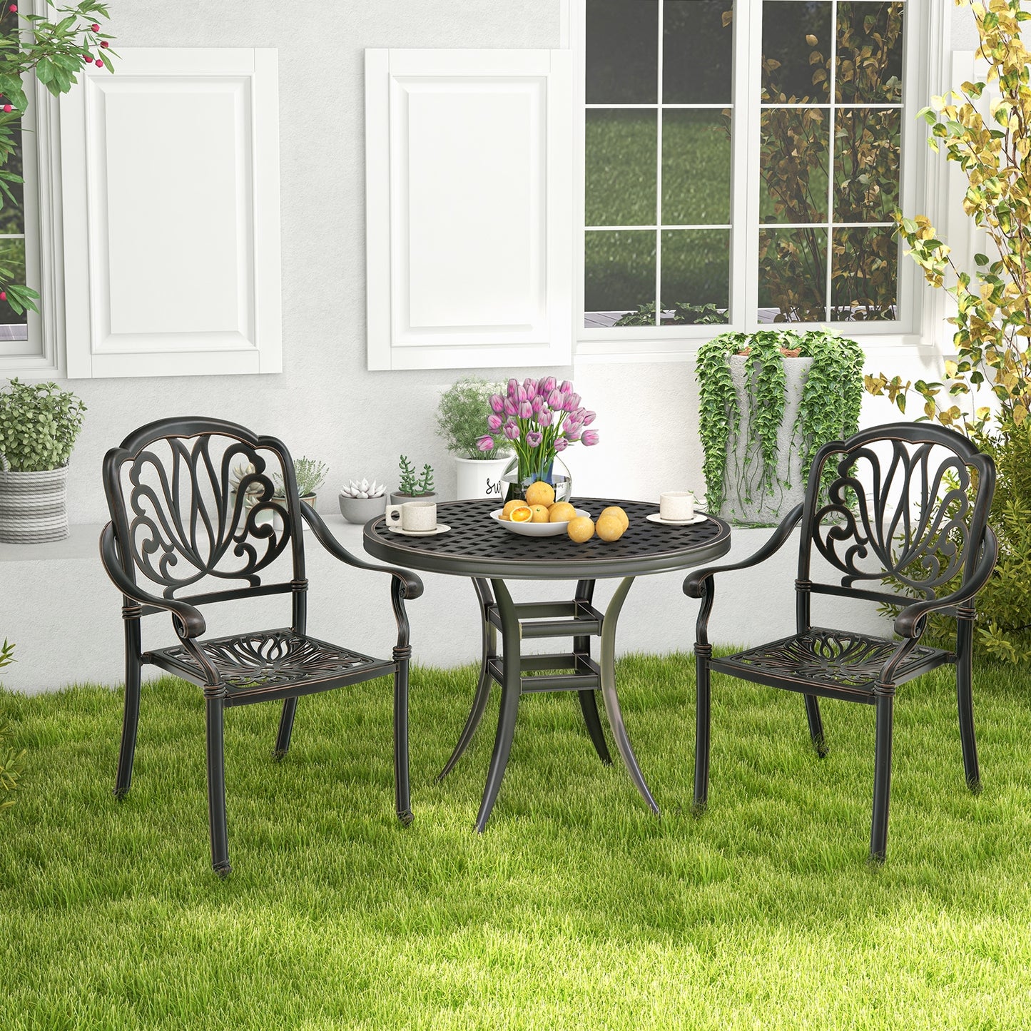 2 Patio Cast Aluminum Dining Chairs, Armrests, Bronze Patio Dining Chairs at Gallery Canada