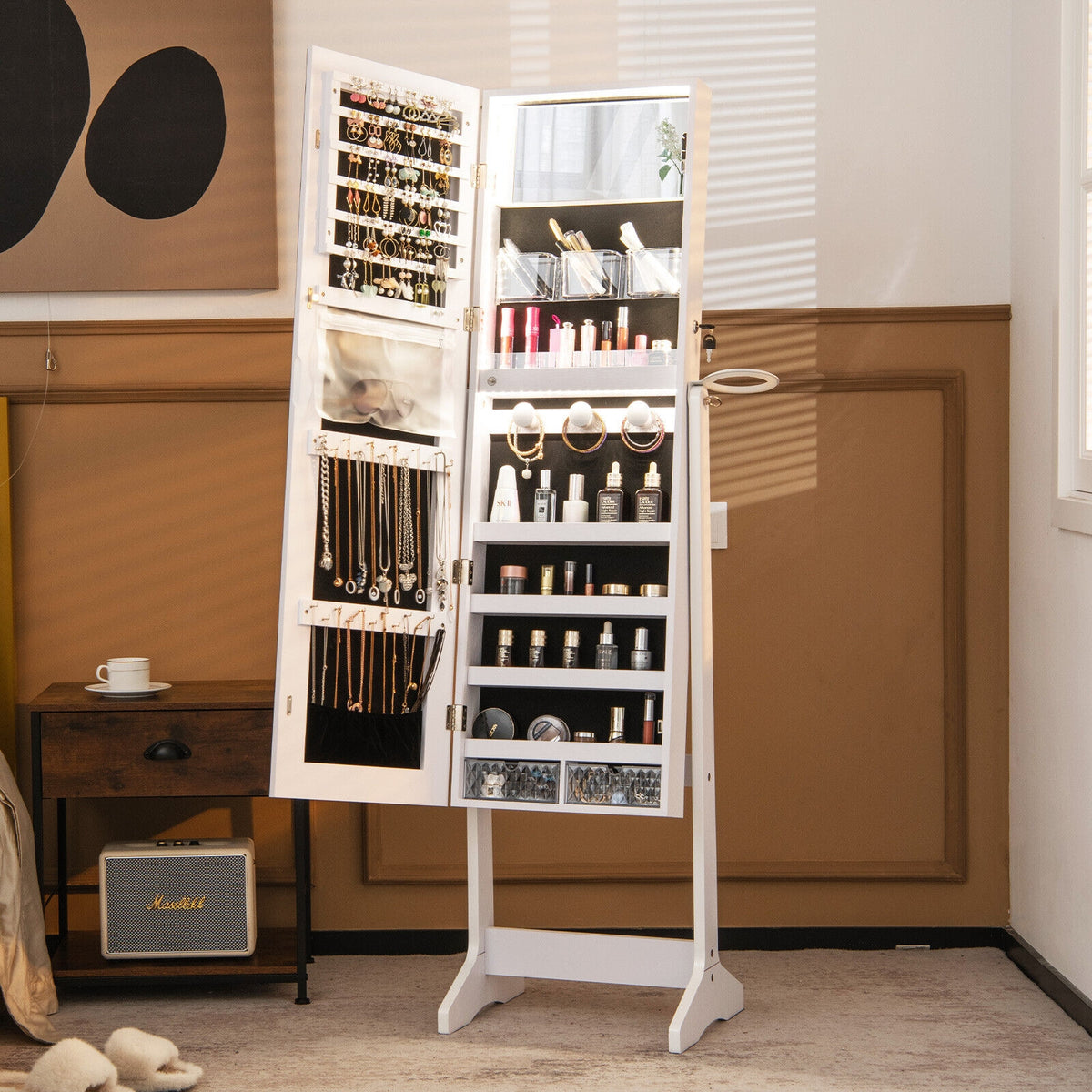 Freestanding Jewelry Cabinet, Full Length Mirror, LED Lights, White Jewelry Armoires at Gallery Canada