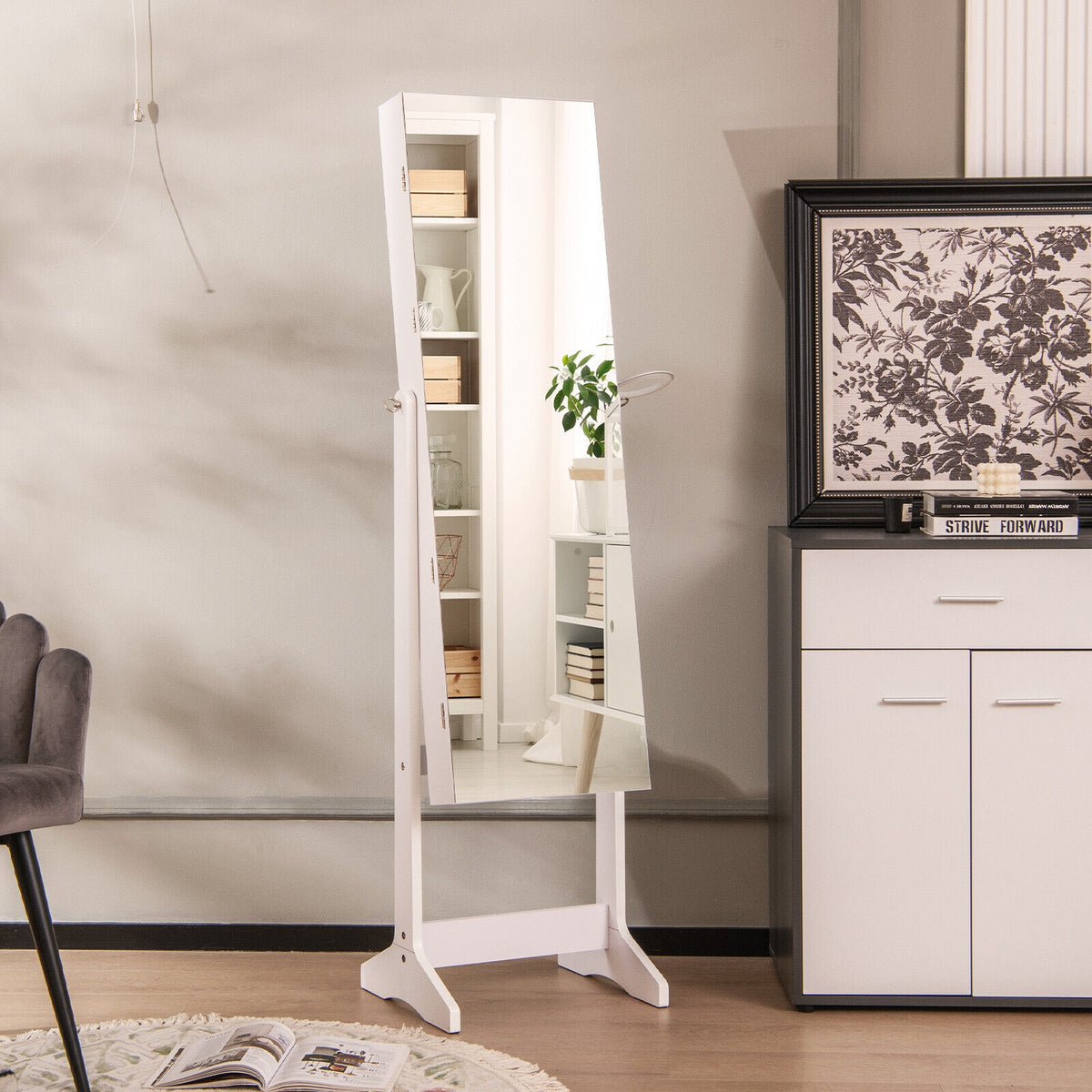 Freestanding Jewelry Cabinet, Full Length Mirror, LED Lights, White Jewelry Armoires at Gallery Canada