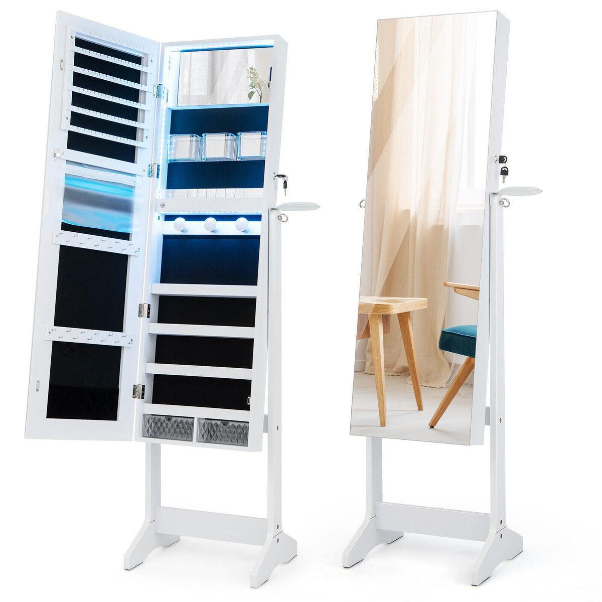 Freestanding Jewelry Cabinet, Full Length Mirror, LED Lights, White Jewelry Armoires White at Gallery Canada