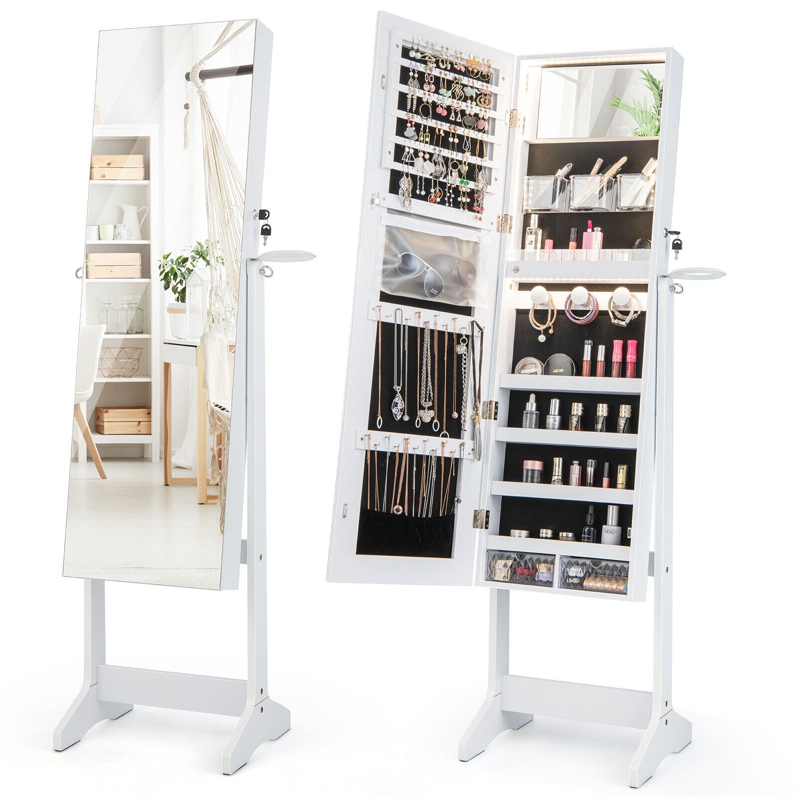 Freestanding Jewelry Cabinet, Full Length Mirror, LED Lights, White Jewelry Armoires at Gallery Canada