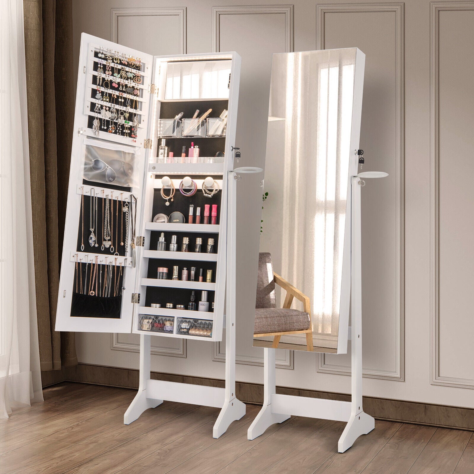Freestanding Jewelry Cabinet, Full Length Mirror, LED Lights, White Jewelry Armoires at Gallery Canada