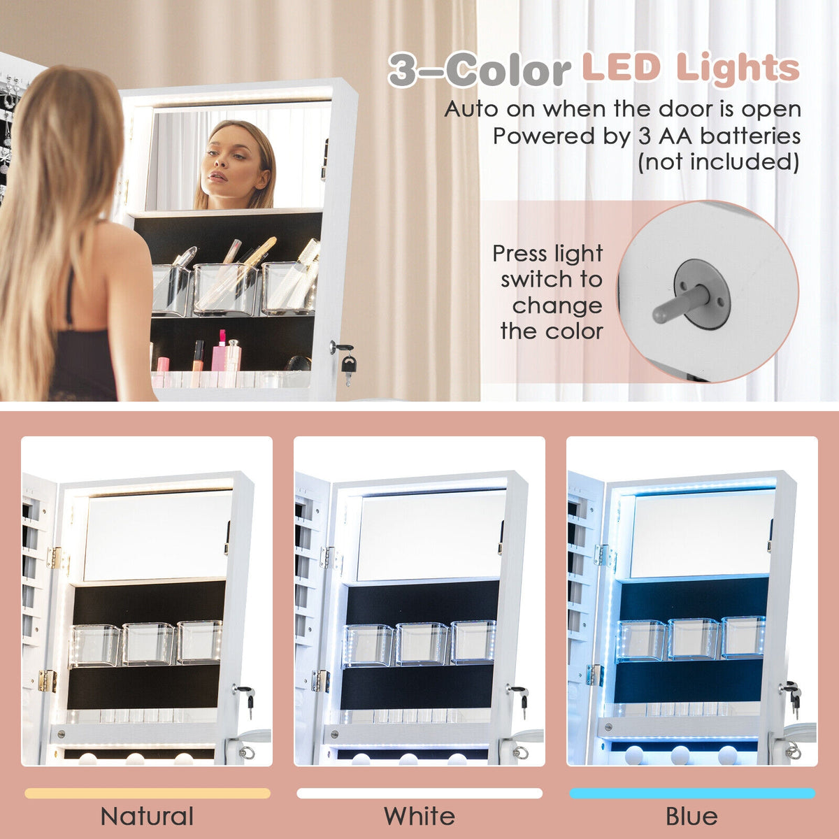 Freestanding Jewelry Cabinet, Full Length Mirror, LED Lights, White Jewelry Armoires at Gallery Canada