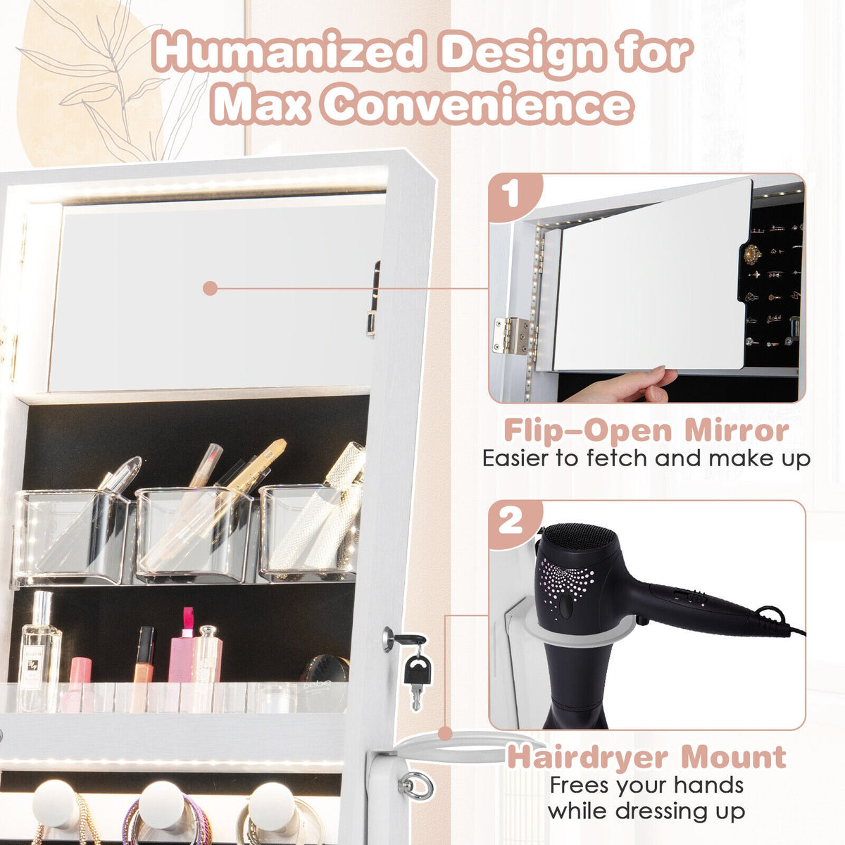 Freestanding Jewelry Cabinet, Full Length Mirror, LED Lights, White Jewelry Armoires at Gallery Canada