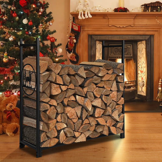 4 Feet Firewood Rack Stand, Mesh Sides, Black Log Storage Black at Gallery Canada