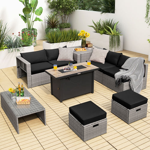 9 Piece Patio Furniture Set, 42 Inches 60000 BTU Fire Pit, Black