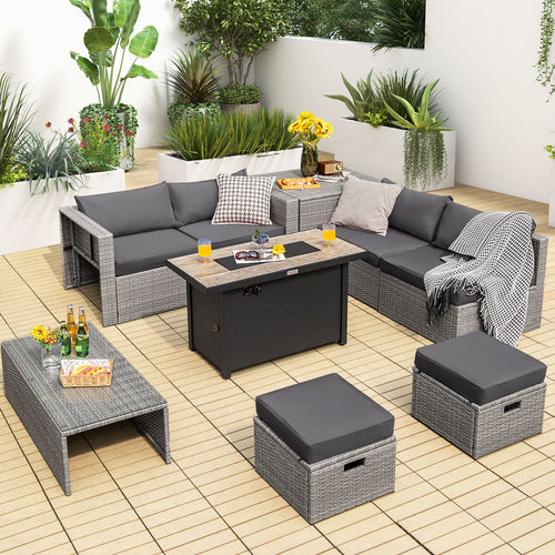 9 Piece Patio Furniture Set, 42 Inch 60000 BTU Fire Pit, Gray
