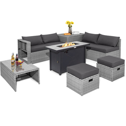 9 Piece Patio Furniture Set, 42 Inch 60000 BTU Fire Pit, Gray