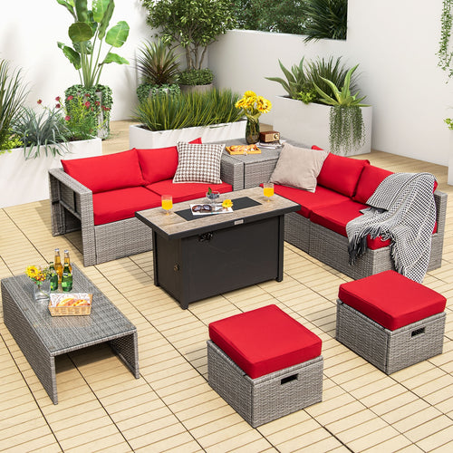 9 Piece Patio Furniture Set, 42 Inches 60000 BTU Fire Pit, Red