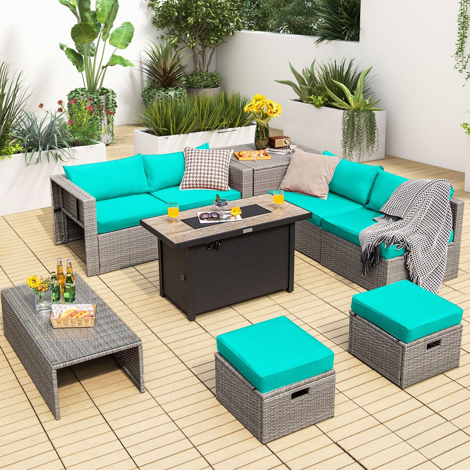 9 Piece Patio Furniture Set, 42 Inch 60000 BTU Fire Pit, Turquoise Patio Furniture Sets at Gallery Canada