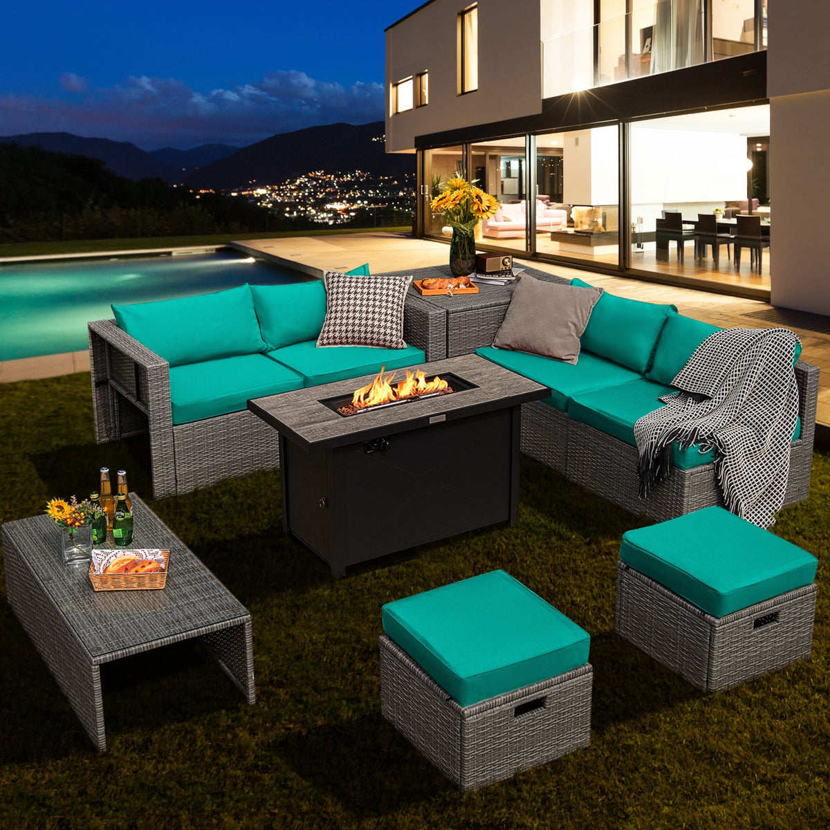 9 Piece Patio Furniture Set, 42 Inch 60000 BTU Fire Pit, Turquoise Patio Furniture Sets at Gallery Canada
