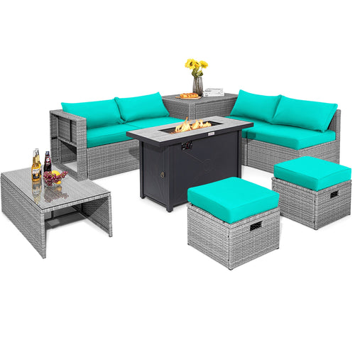 9 Piece Patio Furniture Set, 42 Inch 60000 BTU Fire Pit, Turquoise