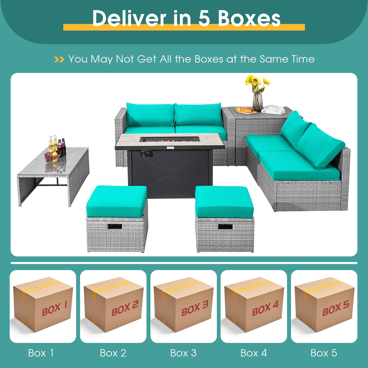 9 Piece Patio Furniture Set, 42 Inch 60000 BTU Fire Pit, Turquoise Patio Furniture Sets at Gallery Canada